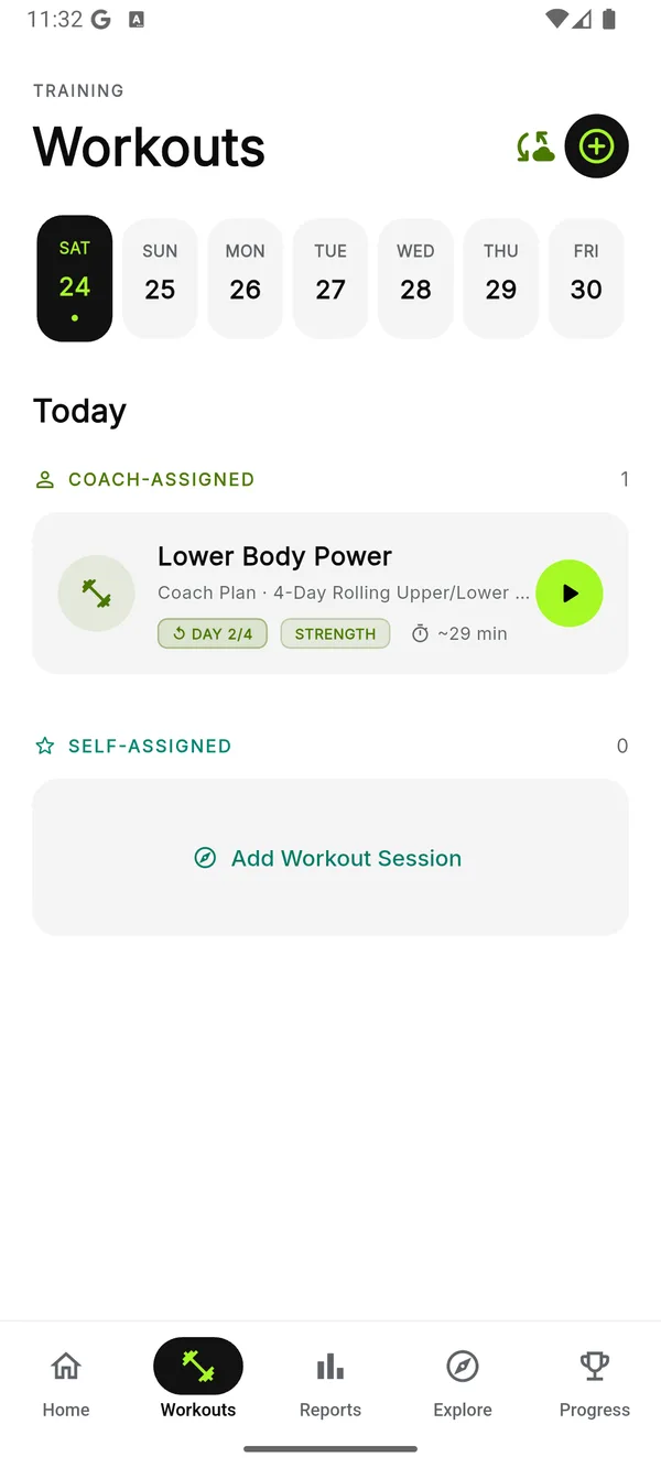 The member's Workouts tab with the coach-assigned session