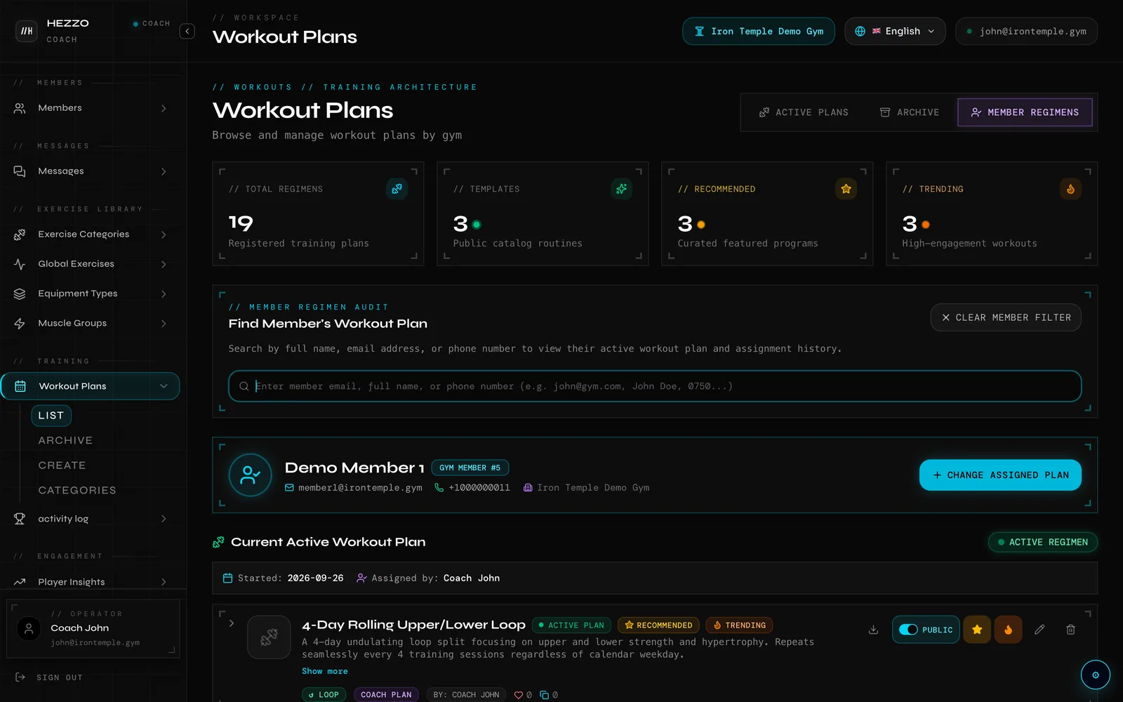 Coach dashboard: a member's active workout plan, assigned by Coach John