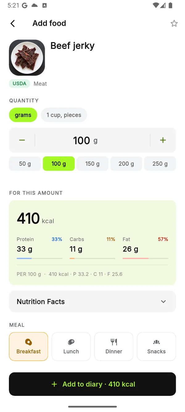 Add food: portion, calories and macros